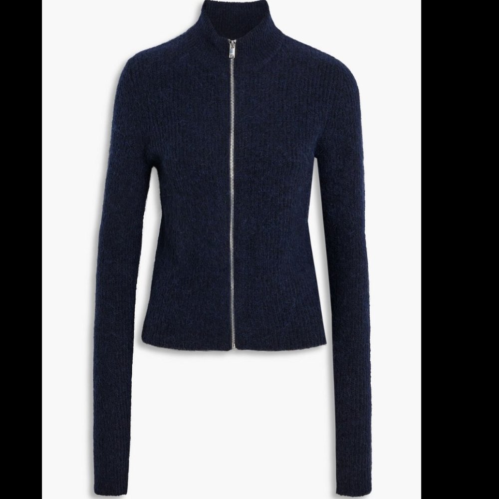 GANNI Navy Blue Ribbed Zip Up Sweater Cardigan